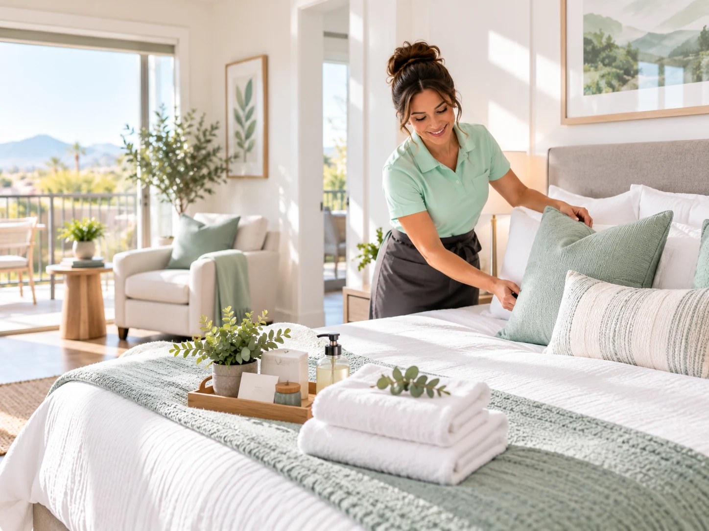 Professional cleaner resetting a bright guest bedroom for a short-term rental